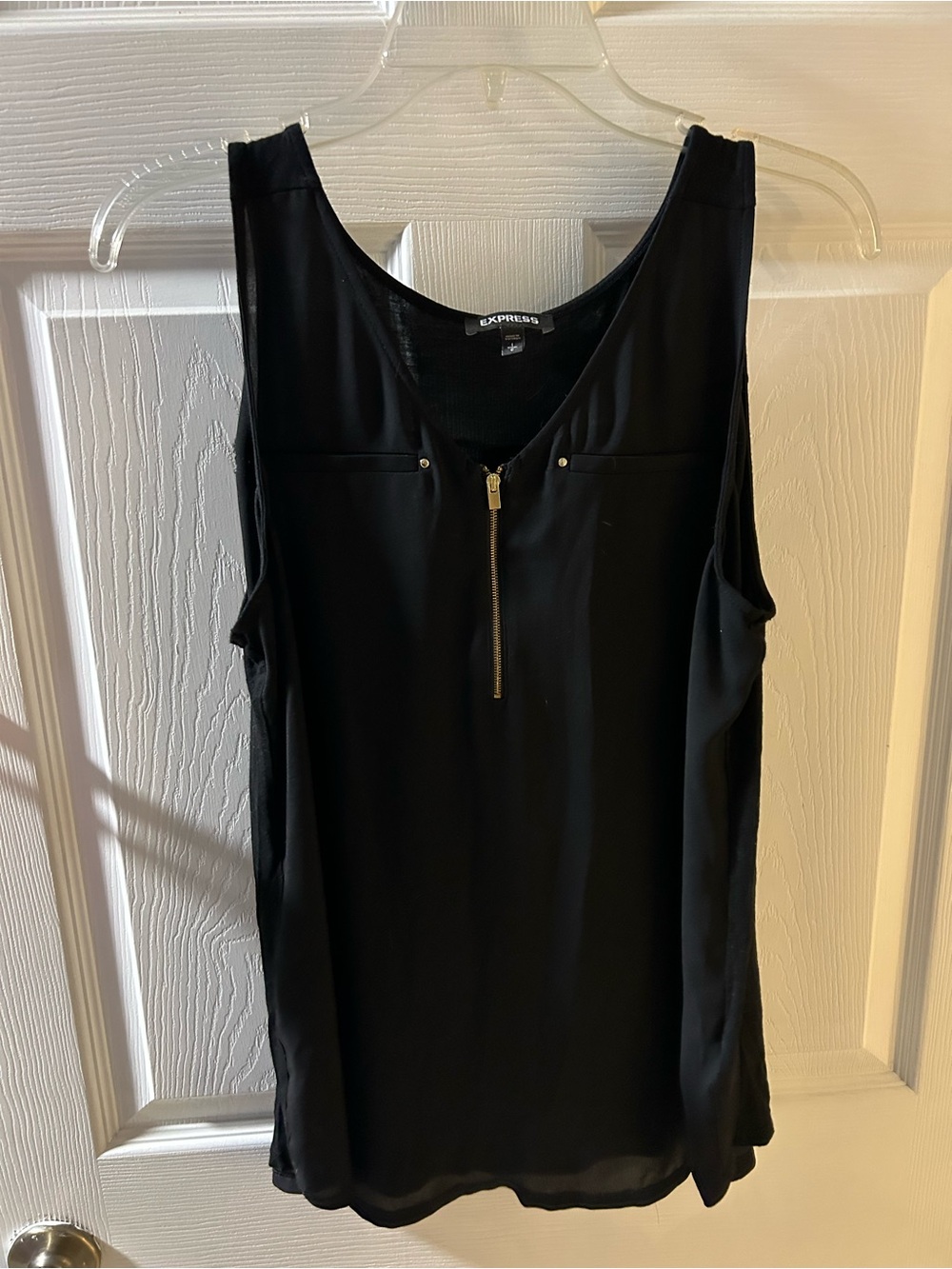 Express black sleeveless top gold half-zipper accent decorative front pockets